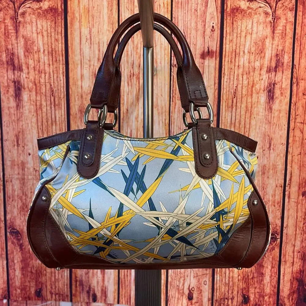 Cole Haan Scarf Print Satchel Sateen Blue Yellow Brown Leather Trim GUC